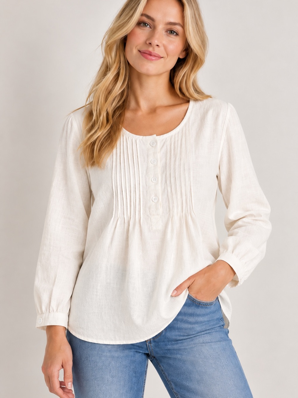 Linen Blend Cotton woman’s Pintuck Henley Blouse Structured Woven Ivory M